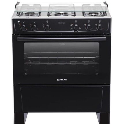 Fogão Atlas Mônaco 5 Bocas Preto, Forno Limpa Fácil, Tampa De Vidro, Mesa De Inox Bivolt